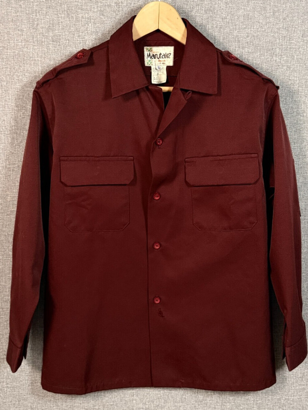 Vintage Marutake Japan Military Utility Shirt Mens L Burgundy Epaulet *FLAWS